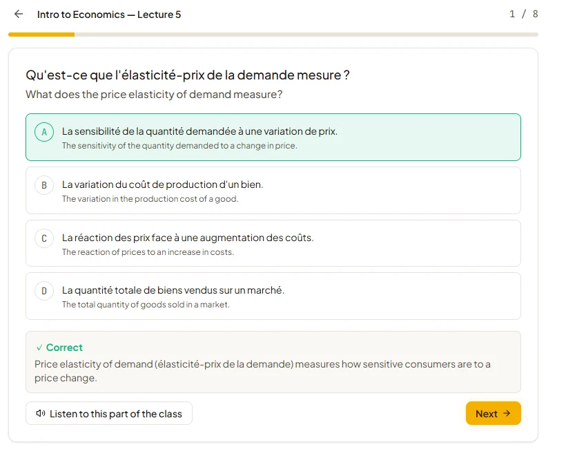 A review quiz question. The question is in French with the English translation under it.