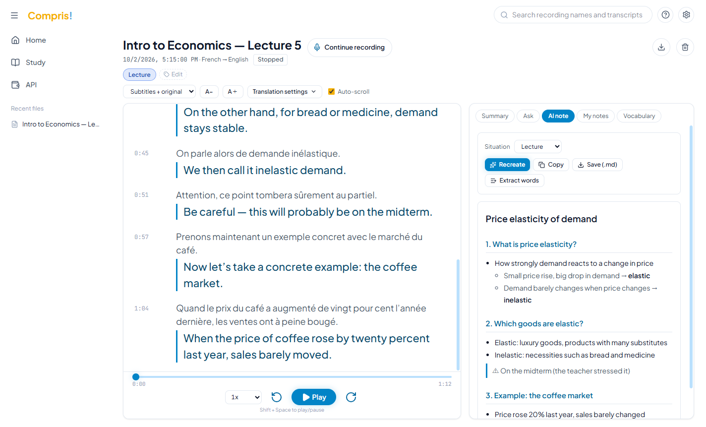 Compris! app: a French lecture with English subtitles and AI notes