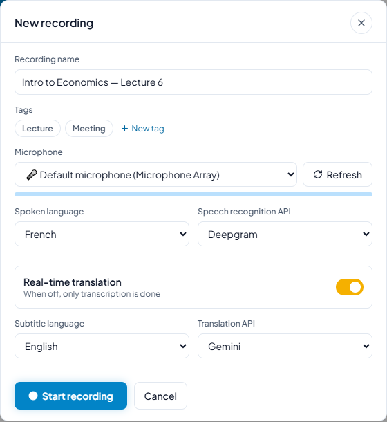 The Compris! “New recording” screen: choose the spoken language, subtitle language and APIs