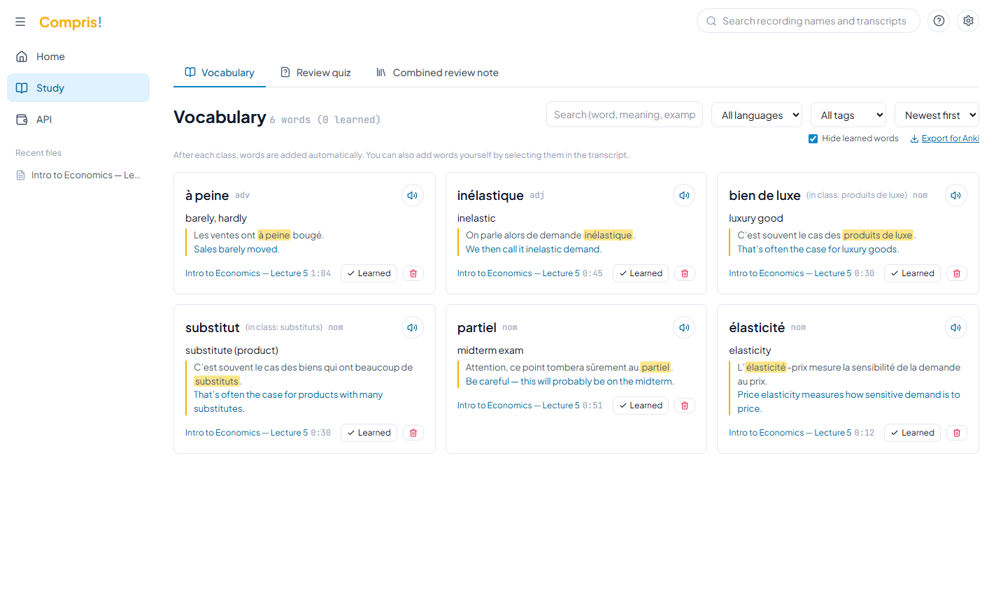 Compris! vocabulary: words from class with example sentences and the teacher’s voice